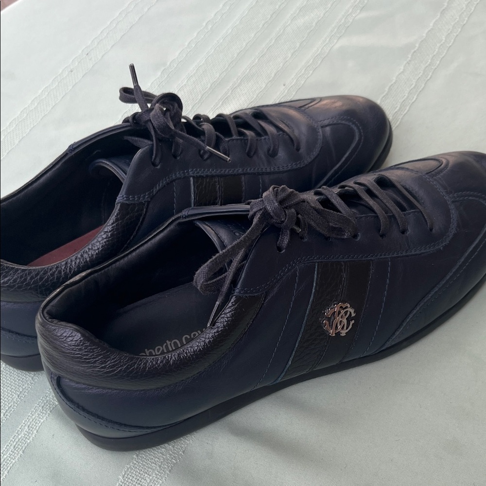 Roberto Cavalli Navy Leather Women's Sneakers with Monogram Emblem size EU41